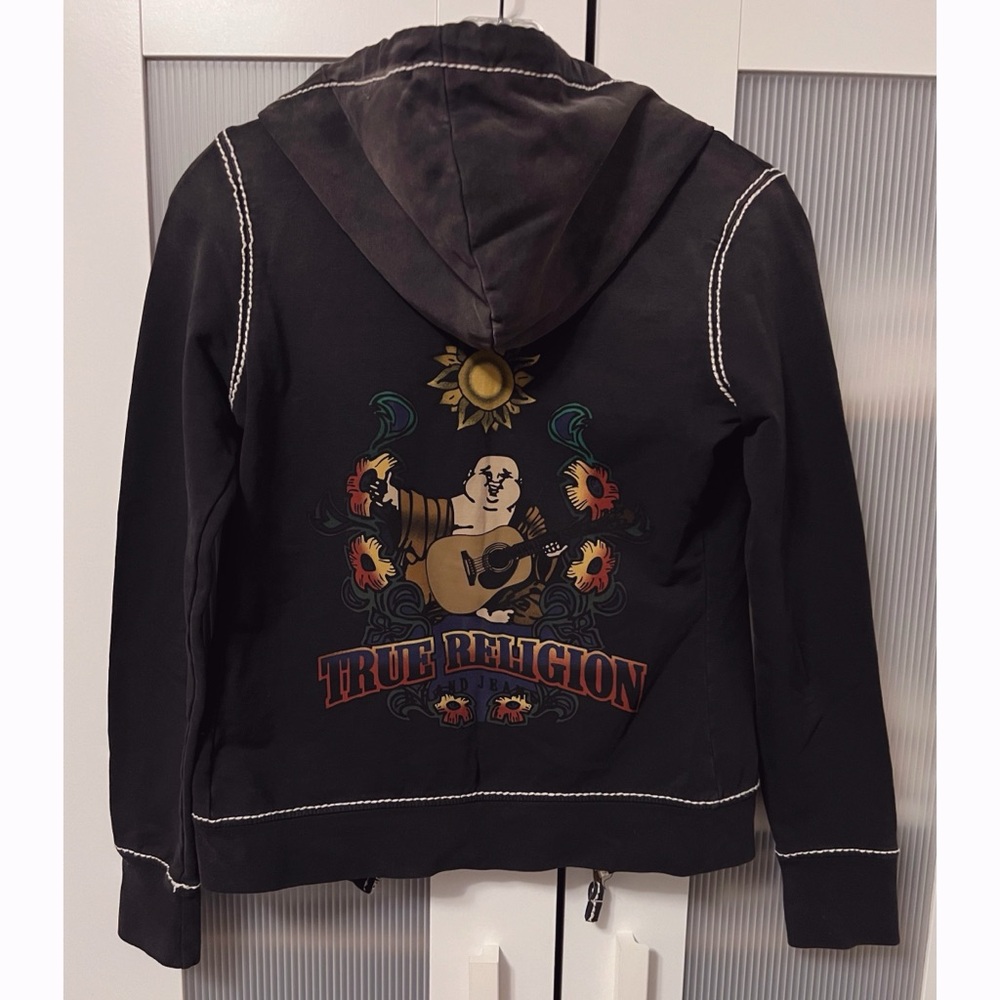 Vintage True Religion Charcoal Black Zip Hoodie with Sunflower Buddha Y2K